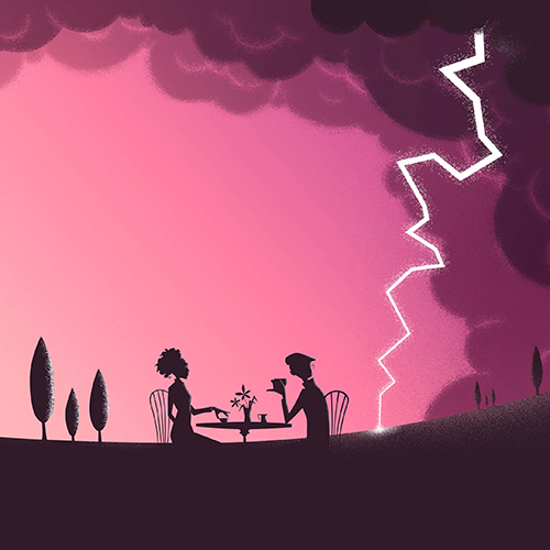 The silhouette of a startled couple sitting outside at a table, overviewing a dramatic landscape with dark clouds above, while a lightning bold strikes down