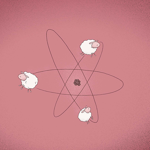 Three sheep following electron orbitals around what looks like a tiny dark atomic nucleus