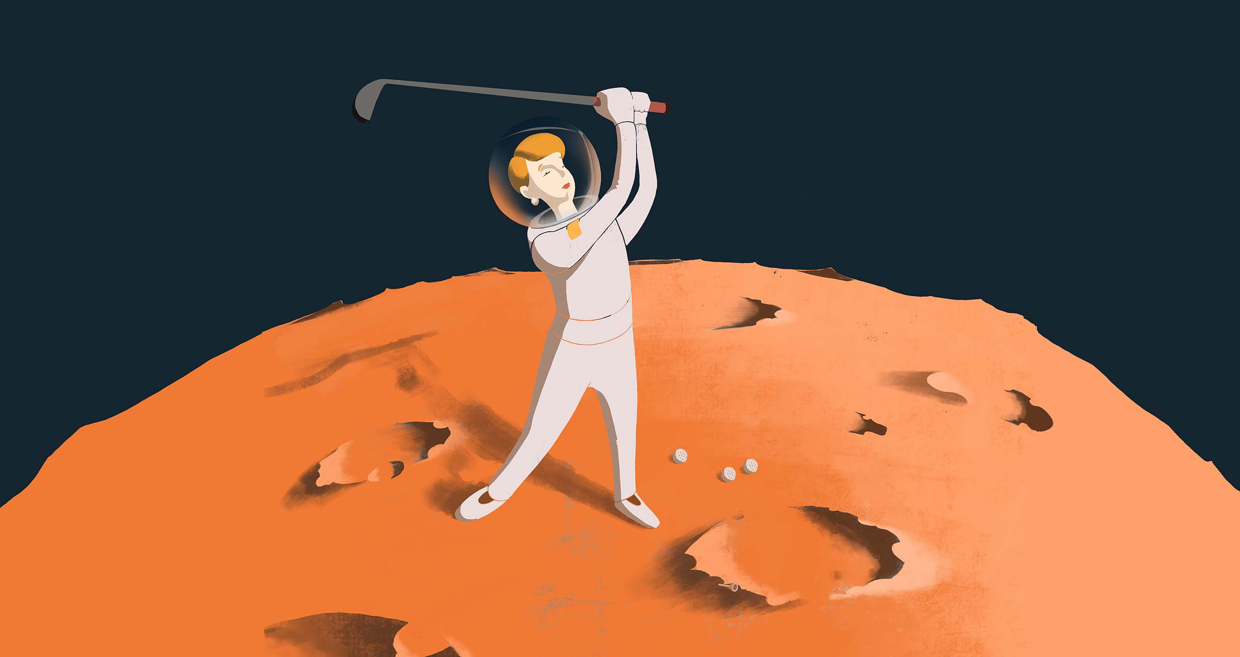 Woman in sleek space suit swinging a golf on a red planet. Editorial Illustration for Private Banking Magazine